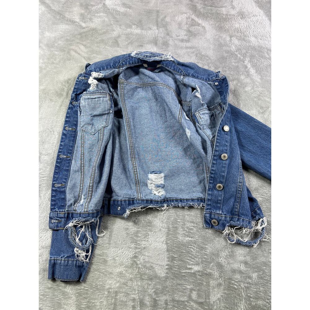 Excuse Distressed Denim Jacket Women Medium Edgy Rocker Moto Style Biker - Picture 4 of 9